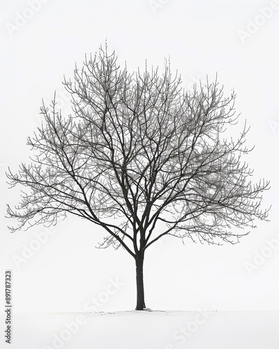 A bare-branched tree stands tall against a snowy background