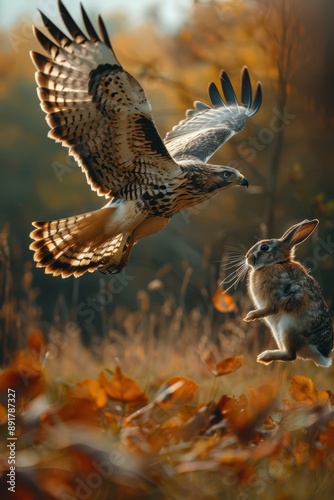 a hawk and a rabbit are flying over a field