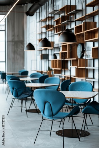 Wallpaper Mural Square tables and blue stools are set on the floor and wooden shelves are mounted on the walls. There is a large window and lamps hanging from the ceiling. Torontodigital.ca