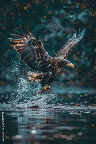 an eagle flying over water with its wings spread photo