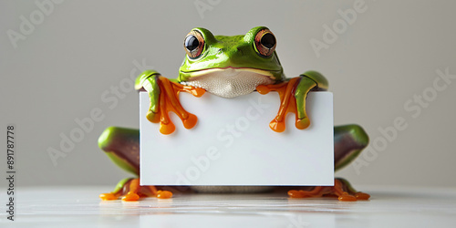 An image of a cute green frog with a white blank signboard, perfect for advertising or ecological and nature-related content. photo