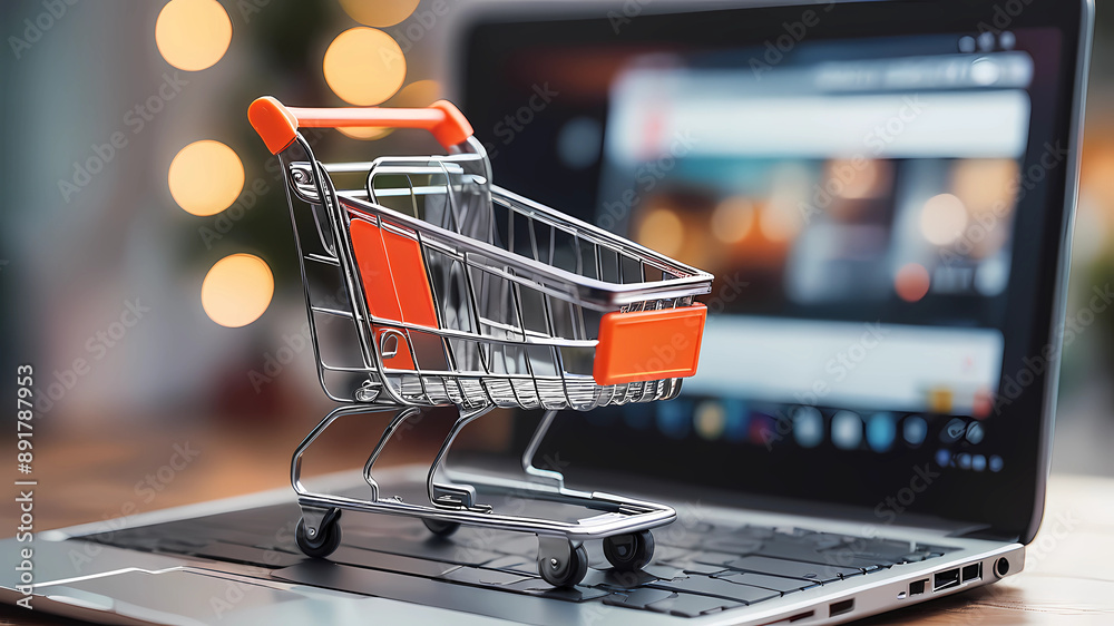 a small Shopping Cart Model in front of blurred Laptop on Blurred Home Background. Online Business and E-Commerce Concept, high quality photo a small Shopping Cart Model in front of blurred Laptop on Blurred Home Background. Online Business and E-Commerce Concept, high quality photo