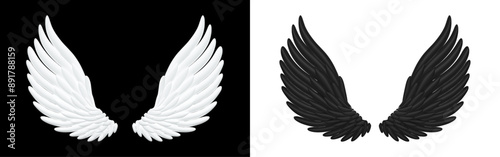 3d realistic detailed black and white angel wings. Stock vector illustration on isolated background.	