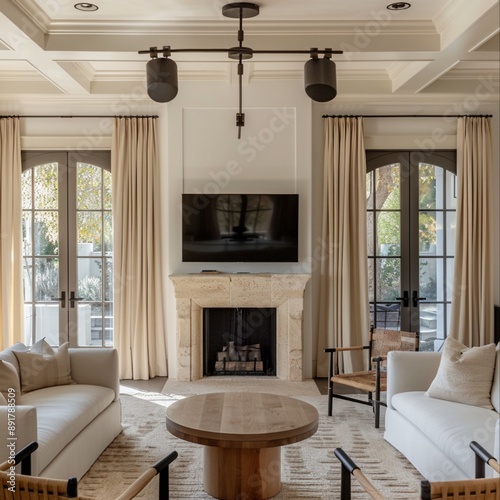 The interior design of the living room is whitish-colored walls and ceiling with beige textiles on the sofa and curtains, a maple wooden round dining table with hite marble top with two chairs. The ro