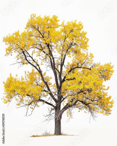 One Osage Orange tree shines in autumn, yellow leaves against white