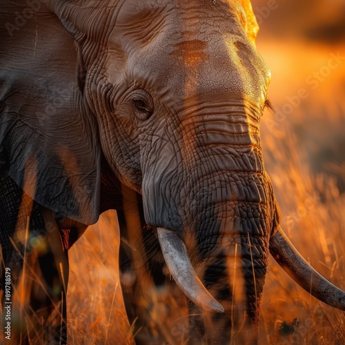 an elephant is standing in tall grass at sunset photo