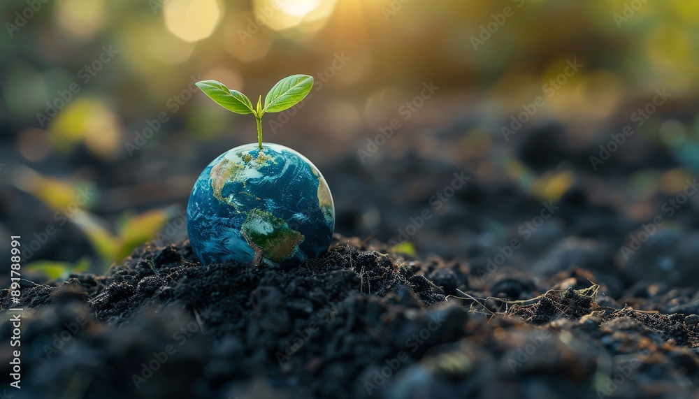 Small globe with a sprouting plant, placed on a pile of soil against a minimalistic background