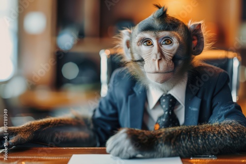 a monkey in a suit sitting at a desk photo