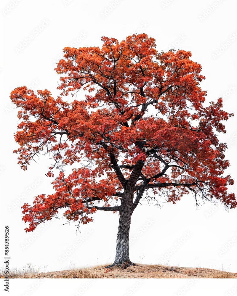 A red oak tree stands tall, leaves ablaze in red and orange, against white A red oak tree stands tall, leaves ablaze in red and orange, against white