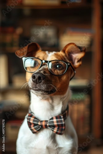 a dog wearing glasses and a bow tie photo