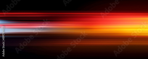 Abstract blurred background with colorful stripes of light on dark orange and black, horizontal lines with gradient effect, glowing and flowing in motion.