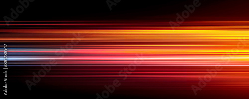 Abstract blurred background with colorful stripes of light on dark orange and black, horizontal lines with gradient effect, glowing and flowing in motion.