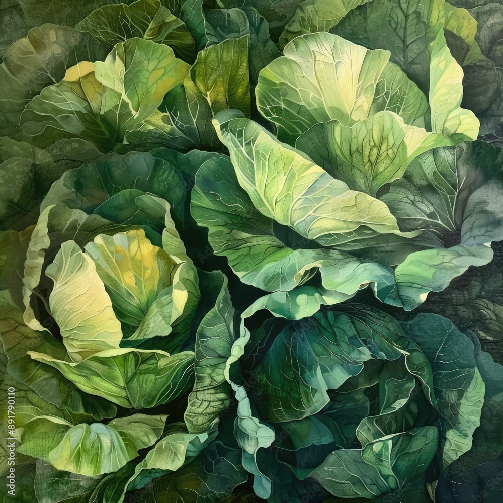 Fototapeta premium The texture or pattern of a cabbage leaf. Veins of a fresh green leaf in close-up. Background of vegetables.