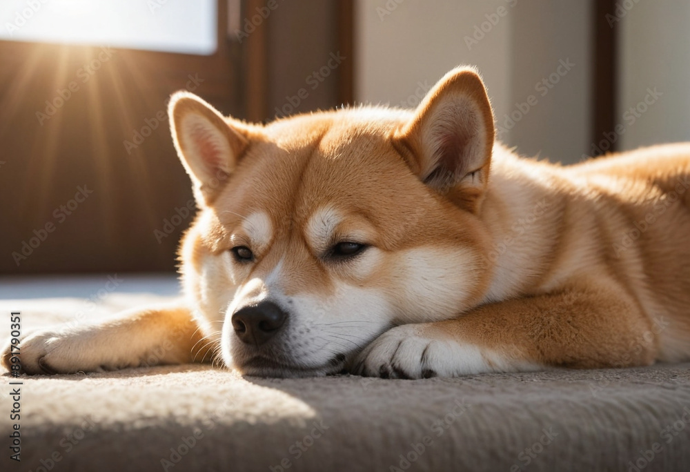 A fluffy Shiba Inu napping peacefully in a sunbeam. A fluffy Shiba Inu napping peacefully in a sunbeam.