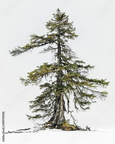 Sitka Spruce against white background, branches reaching sky