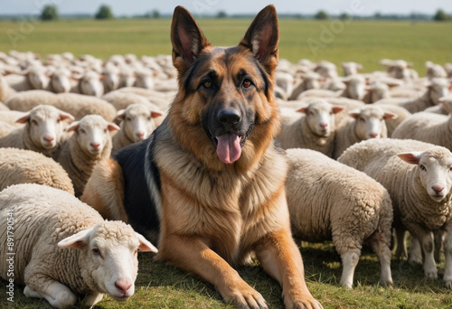  A loyal German Shepherd guarding a flock of sheep. 