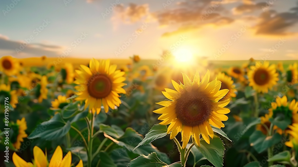 Fototapeta premium Sunlit Field of Blooming Sunflowers at Sunset