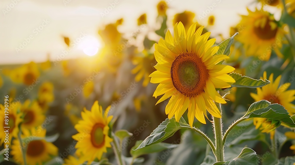 Fototapeta premium Beautiful Sunflowers in a Field at Sunset