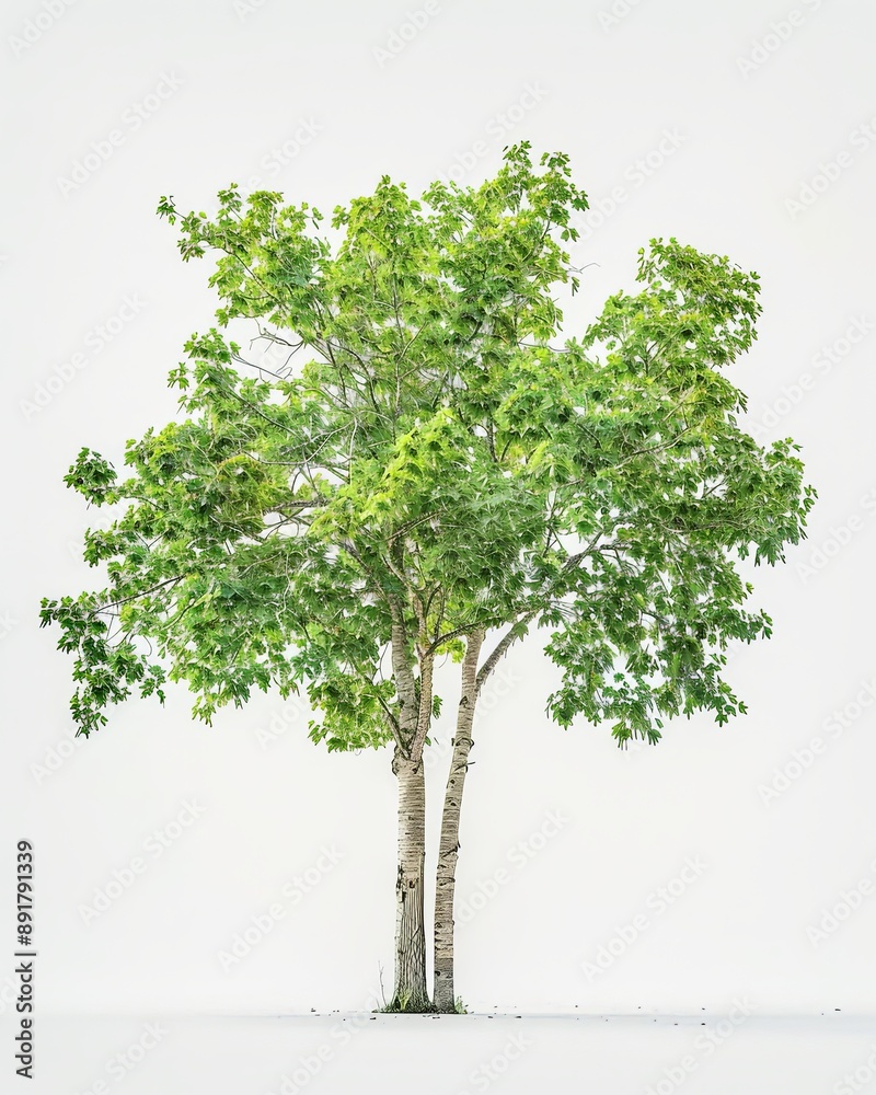 Obraz premium A lone sycamore maple tree with vibrant green leaves stands against a white backdrop