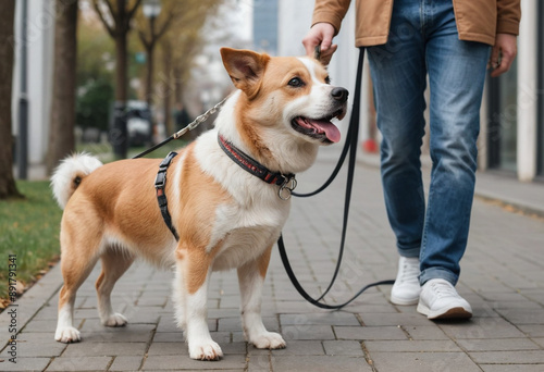  A dog walking politely on a leash next to its owner.  photo