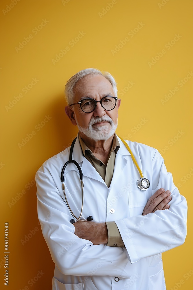 Senior doctor with stethoscope, solid yellow wall, kind and experienced Senior doctor with stethoscope, solid yellow wall, kind and experienced