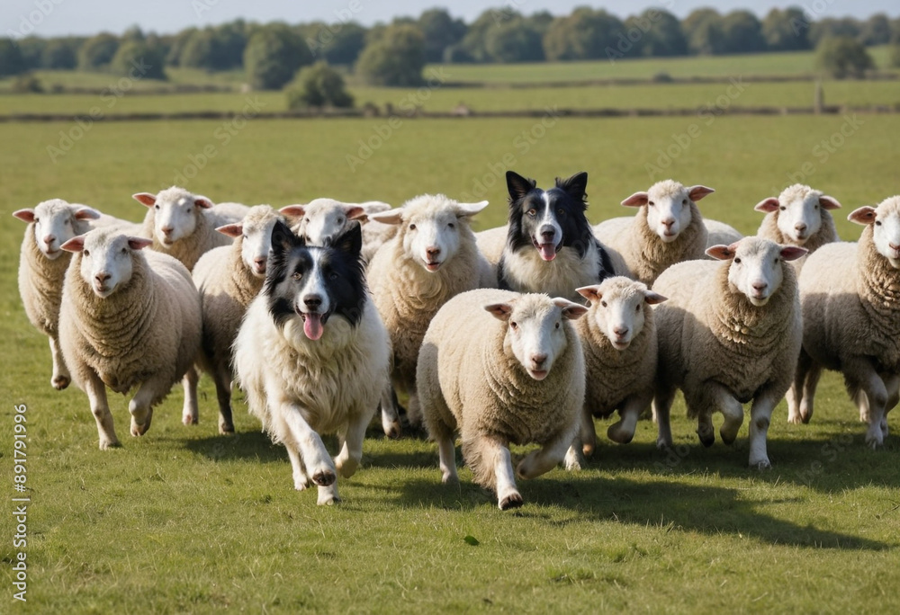 Fototapeta premium A sheepdog herding sheep across a field. 