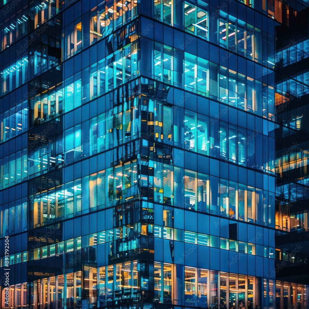 Obraz premium Modern Glass Building with Windows Illuminated at Night