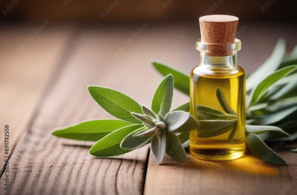 a small glass bottle of sage oil on a wooden table, fresh green sage sprig, twig, medicinal solution, food flavor, wooden background, sunny day a small glass bottle of sage oil on a wooden table, fresh green sage sprig, twig, medicinal solution, food flavor, wooden background, sunny day