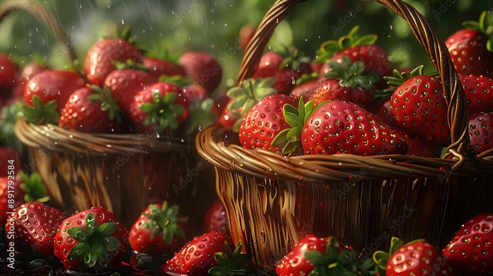 Baskets of freshly picked strawberries, morning dew visible Baskets of freshly picked strawberries, morning dew visible