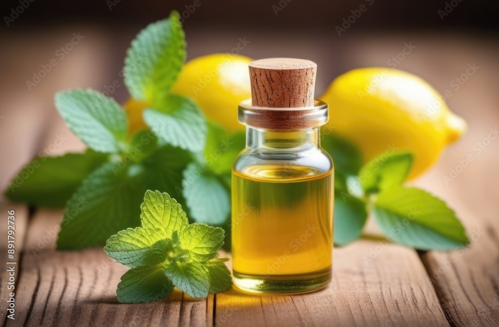 a small transparent glass bottle of melissa oil on a wooden table, fresh green melissa leaves and lemon fruit, eco-friendly medicinal solution, natural background, sunny day