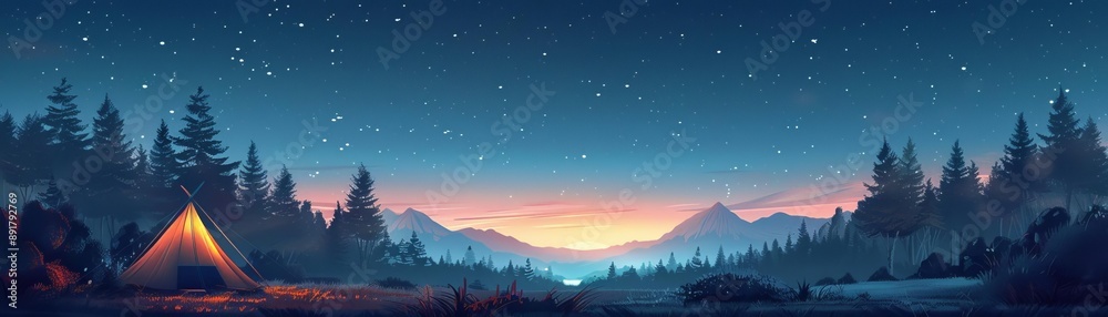 Naklejka premium Camping scene with glowing tent under starry sky