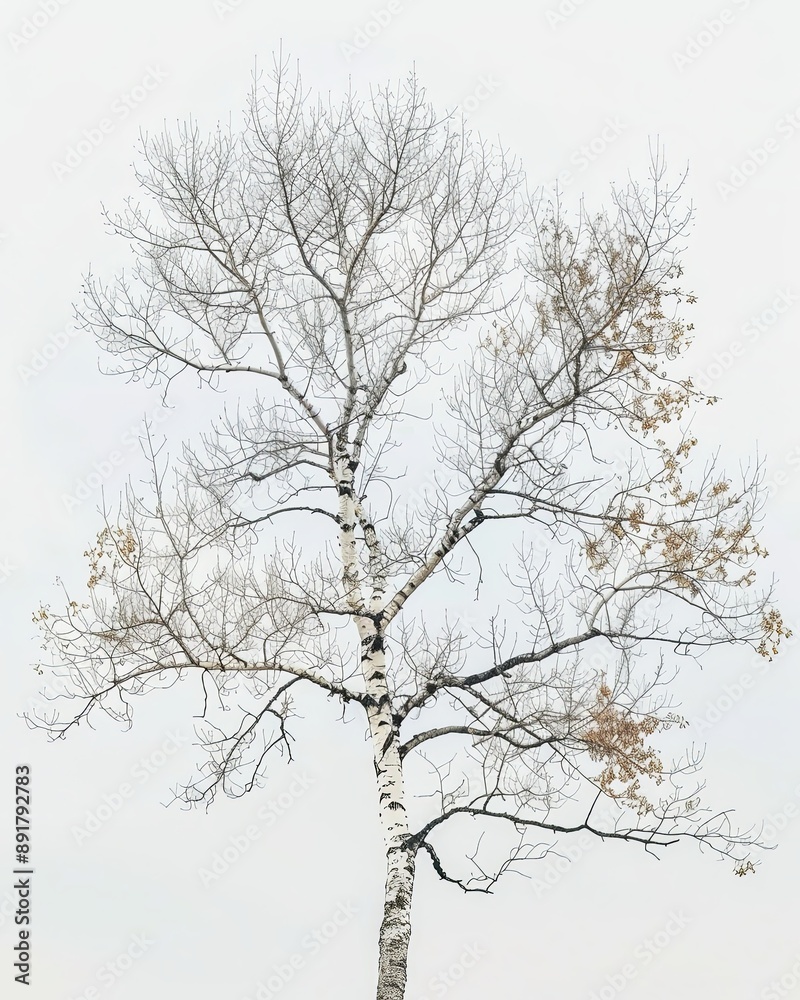 A lone White Ash tree with bare branches against a plain white background A lone White Ash tree with bare branches against a plain white background