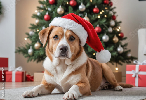  A dog wearing a Santa hat and sitting by a Christmas tree. 