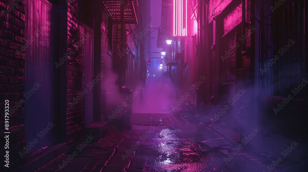 Fototapeta premium Dark street in cyberpunk city, gloomy alley with neon lighting