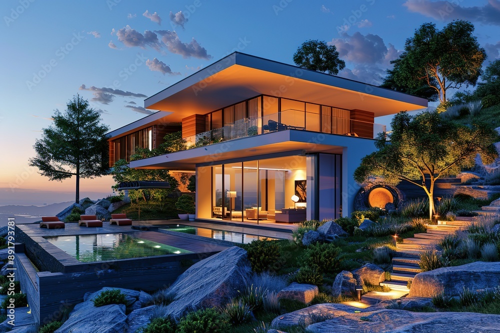 3d rendering of contemporary cozy house on the hill with garage and pool for sale or rent with beautiful landscaping on background. 3d rendering of contemporary cozy house on the hill with garage and pool for sale or rent with beautiful landscaping on background.