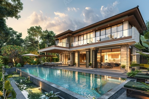 Wallpaper Mural 3d rendering of contemporary cozy house with pool and parking for sale or rent in luxurious style and beautiful landscaping on background. Clear summer evening with cozy light from window Torontodigital.ca