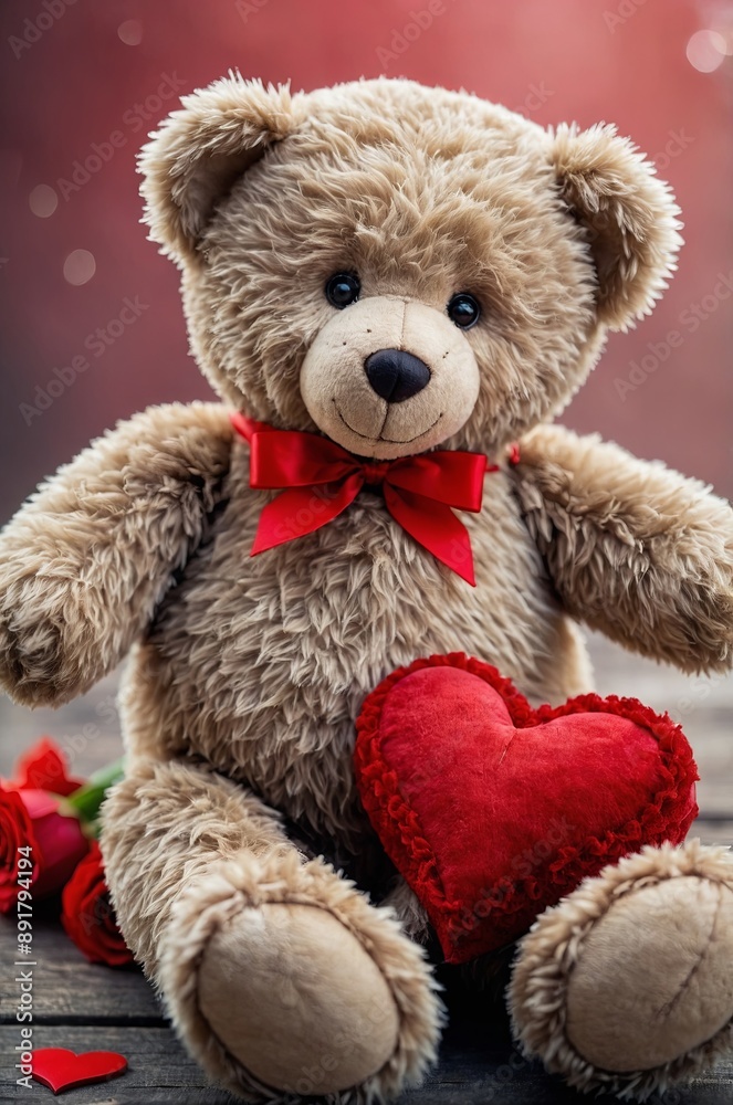 Beautiful Valentine background with a teddy bear hugging a red love symbol.