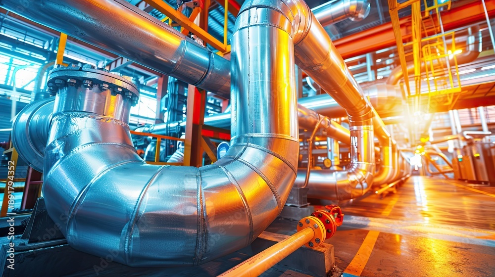 A technical room filled with galvanized or stainless steel pipes. Piping inside a modern factory. Illustration for banner, poster, cover, brochure, advertising, marketing or presentation. A technical room filled with galvanized or stainless steel pipes. Piping inside a modern factory. Illustration for banner, poster, cover, brochure, advertising, marketing or presentation.