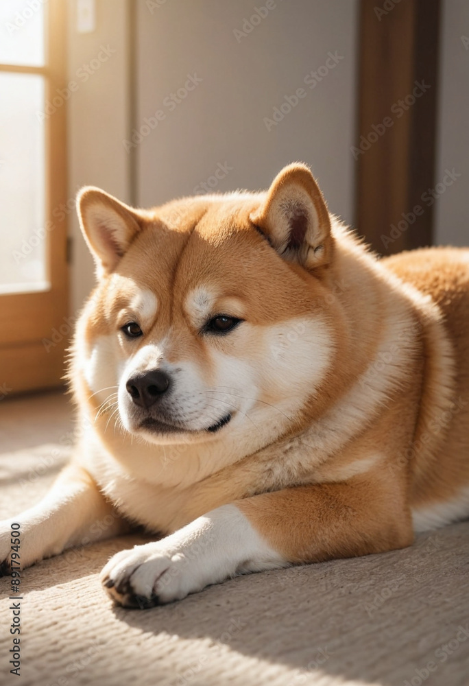 A fluffy Shiba Inu napping peacefully in a sunbeam. A fluffy Shiba Inu napping peacefully in a sunbeam.