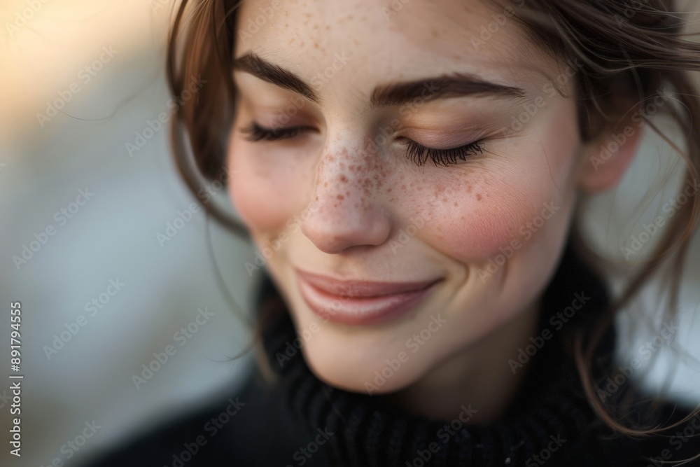 Serene Woman with Freckles, Closed Eyes, and Smile, Set against Blurred Background Serene Woman with Freckles, Closed Eyes, and Smile, Set against Blurred Background
