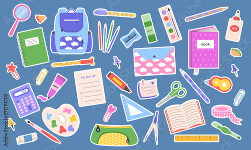 Set of school supplies stickers. Stationery and study supplies, book, ruler, pencil, calculator, marker. Vector illustration.