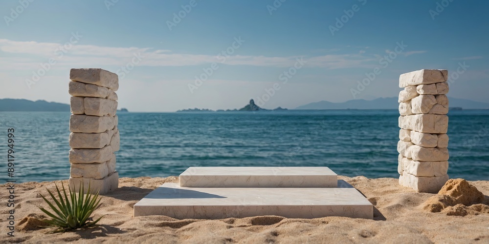 Obraz premium White stone podium with beach background Minimal scene podium for product presentation or advertising.