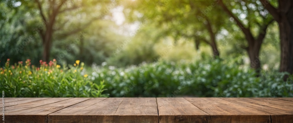 Blank empty wooden table for products with green summer spring plants blurred background. Blank empty wooden table for products with green summer spring plants blurred background.