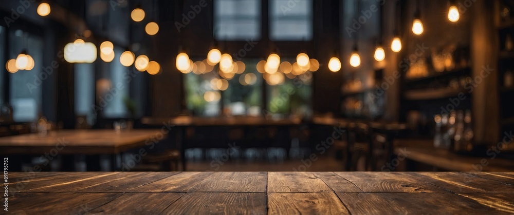 Empty rustic wooden table top with black and gold bokeh light in restaurant space for product display mockup.