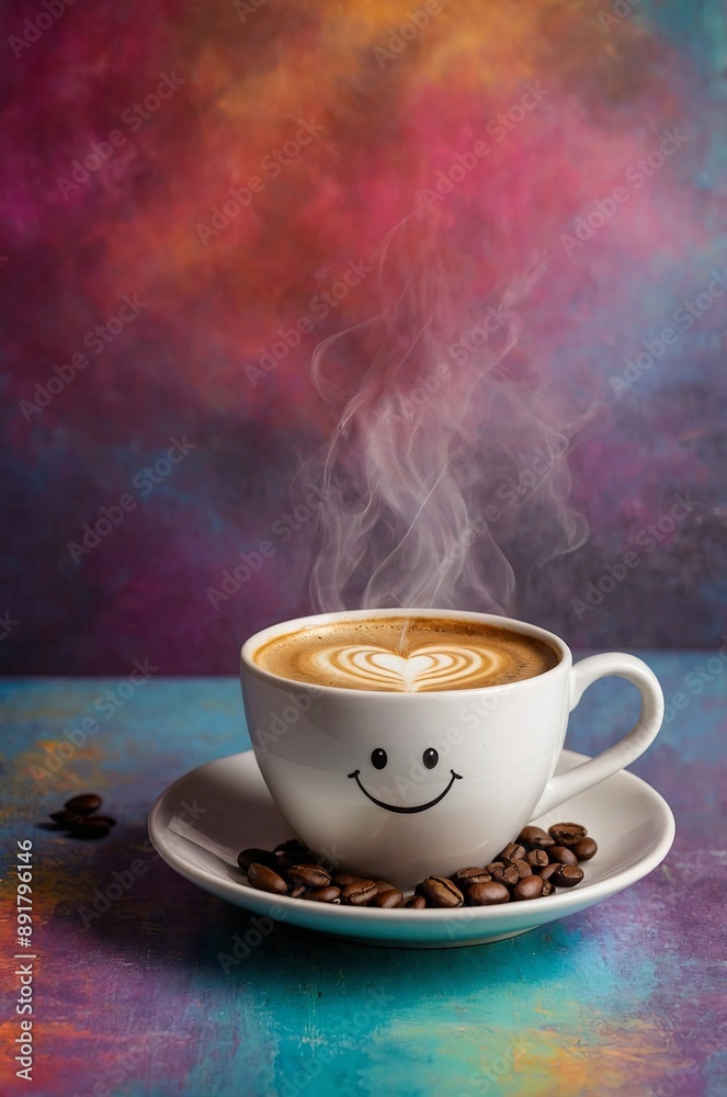 Happy morning and inspiration with a cup of delicious coffee and a smile on a colorful background. Happy morning and inspiration with a cup of delicious coffee and a smile on a colorful background.