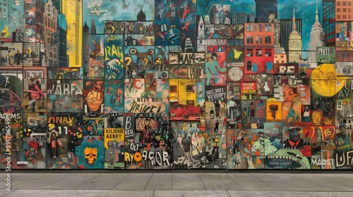 Wallpaper Mural Colorful urban mural depicting various city elements, vibrant graffiti, and street art on a large wall in a metropolitan setting. Torontodigital.ca