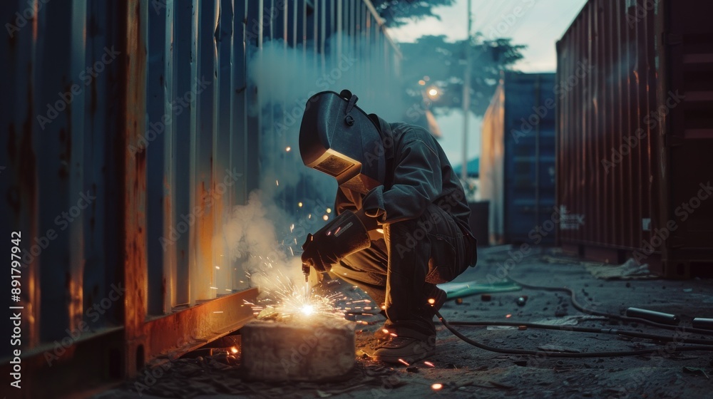 Welder at work in a shipping container yard Welder at work in a shipping container yard