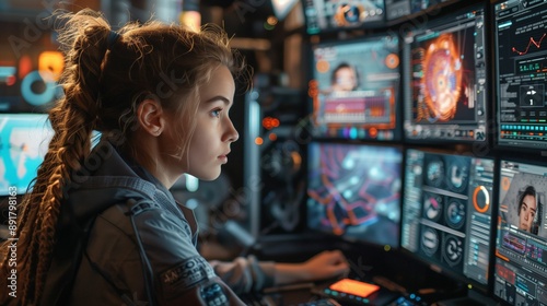 Young woman working at a high-tech multi-screen computer station focusing on data analysis and cybersecurity operations.