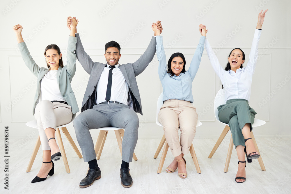 Obraz premium Portrait, business people and holding hands for celebration, winning and teamwork on gray background. Face, group and employees with gesture, excited and success with victory, support and achievement
