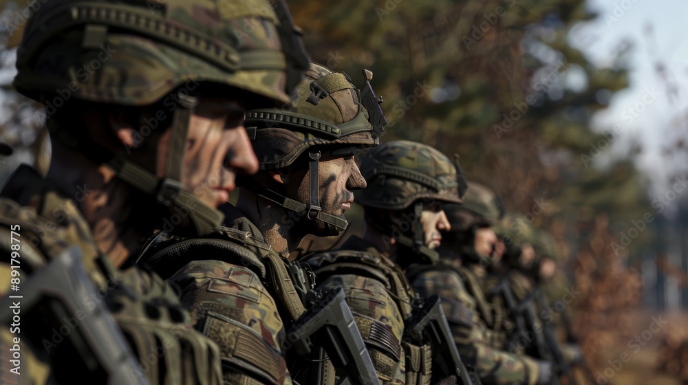 Fototapeta premium Soldiers in uniform standing in formation, showcasing military strength and discipline.